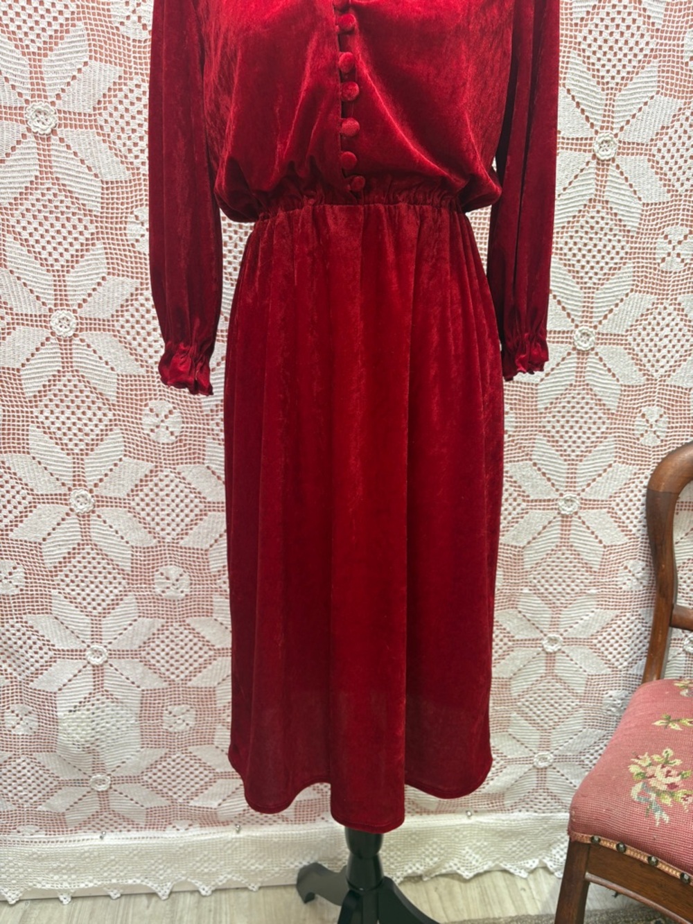 Vintage Red Velvet Dress | Ruffle Button Front Sz M - Picture 4 of 10